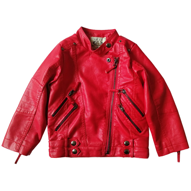 Streetwear Brand Red - เสื้อแจ็คเก็ตหนัง PU สีแดงสำหรับเด็กผู้หญิง ลายมอเตอร์ไซค์ กันน้ำ กันลม