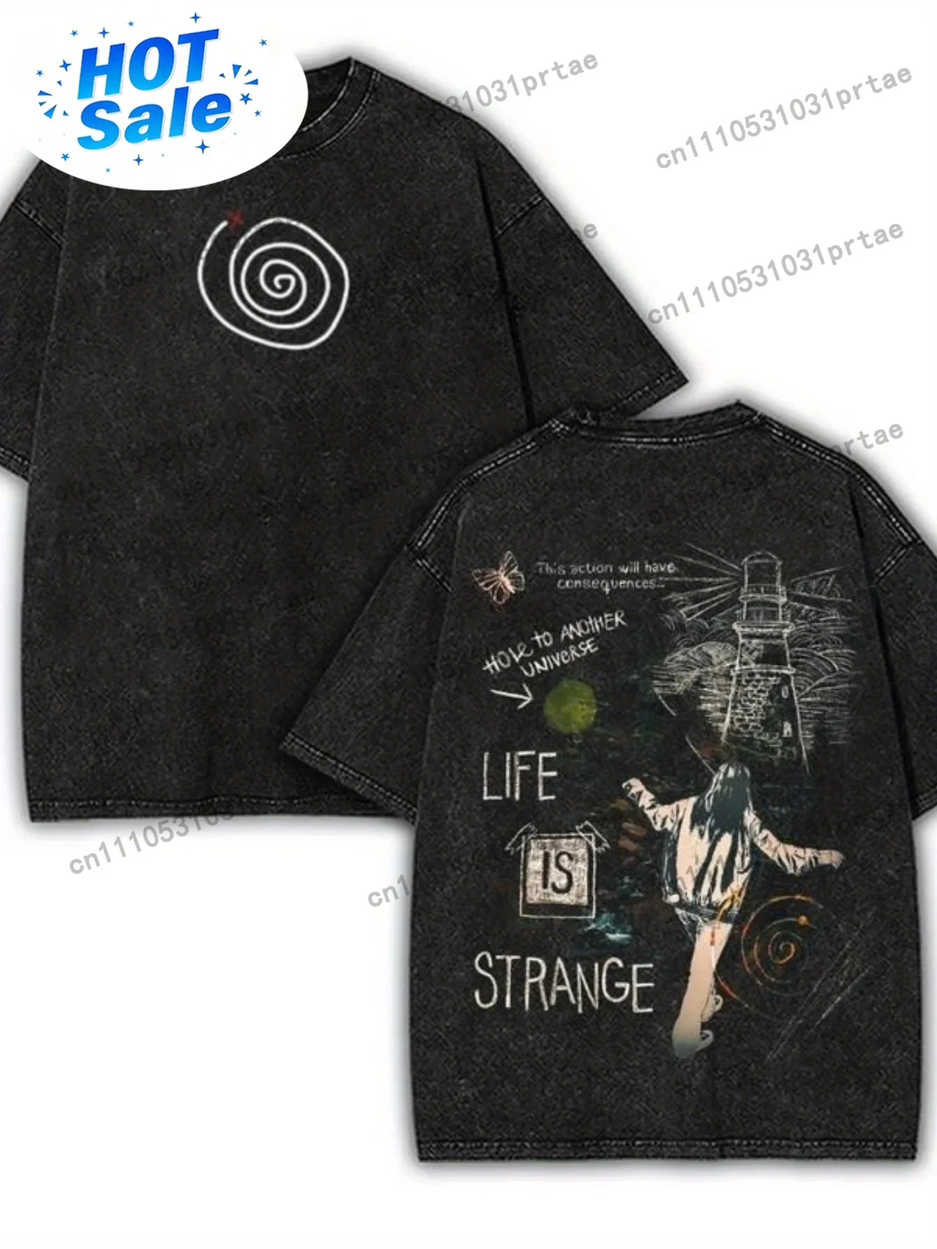 Streetwear Brand Red - เสื้อยืดแบรนด์สตรีทแวร์สำหรับผู้ชาย ลวดลายกราฟิกเกลียวและประภาคาร พร้อมข้อความ 'Life Is Strange'