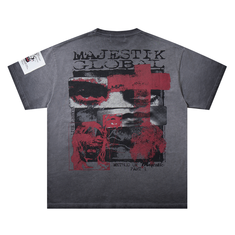 Streetwear Brand With Eye - เสื้อยืดสตรีทแวร์แบรนด์ลายกราฟิกคอลลาจวินเทจ สีเทาซีด พิมพ์ลายหัวกะโหลกและดวงตา ทรงโอเวอร์ไซส์ สตรีท MAJESTIK