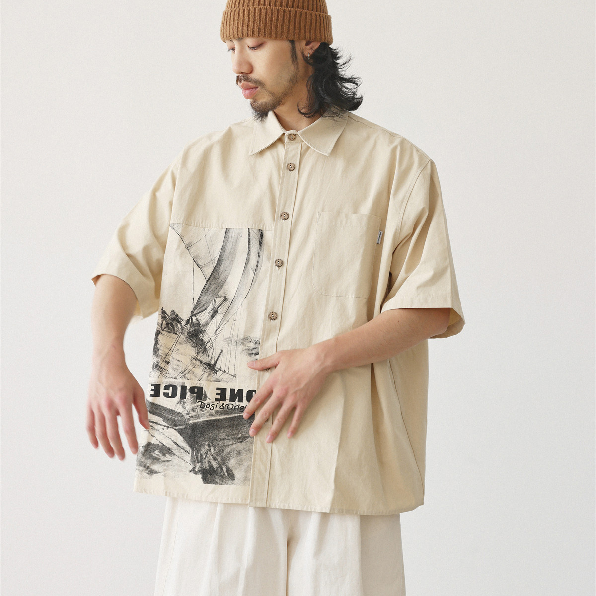 Japanese Brand Streetwear Vintage - เสื้อแฟชั่นญี่ปุ่นผู้ชาย ลายพิมพ์วินเทจ ทรงหลวม สบายๆ แขนสั้น เสื้อโอเวอร์ไซส์