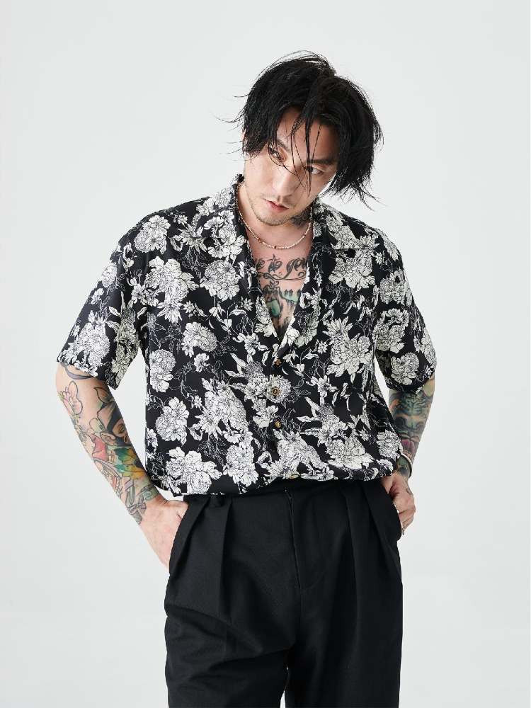 Japanese Brand Streetwear Vintage - เสื้อเชิ้ตผู้ชายสไตล์วินเทจญี่ปุ่นลายกราฟิกตลกๆ ลายดอกไม้ฮาวาย แขนยาว ใหม่ ราคาถูก แบรนด์ดัง