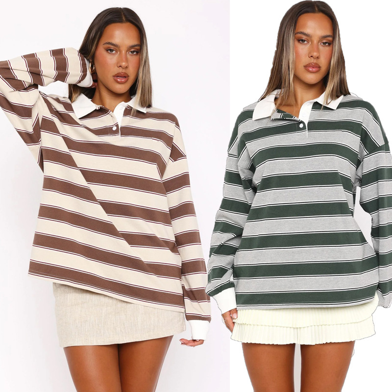 Streetwear Brand Shirts - เสื้อเชิ้ตลายทางอุ่นๆ ทรงหลวม สไตล์สตรีทแฟชั่น แขนยาว สำหรับผู้หญิง แฟชั่นฤดูใบไม้ร่วงและฤดูหนาว
