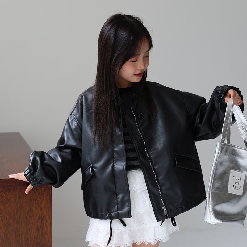 Streetwear Brand With A Logo - เสื้อแจ็คเก็ตหนัง PU สไตล์ร็อคสีดำชมพูหวานสำหรับเด็กผู้หญิงอายุ 2-12 ปี เสื้อโค้ทกันน้ำกันลมสำหรับเด็ก